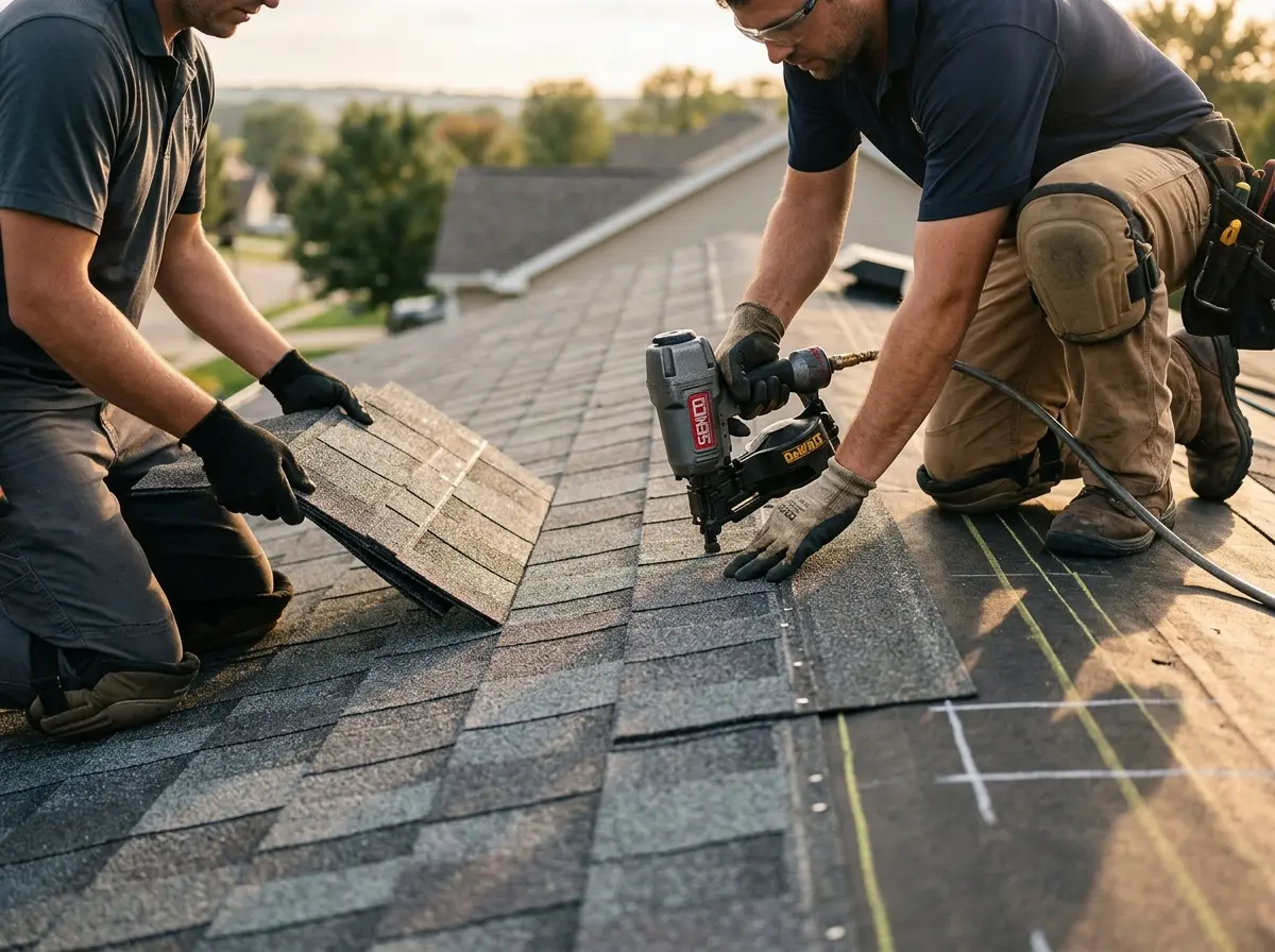 Professional roofer working on a residential roof in Cleburne